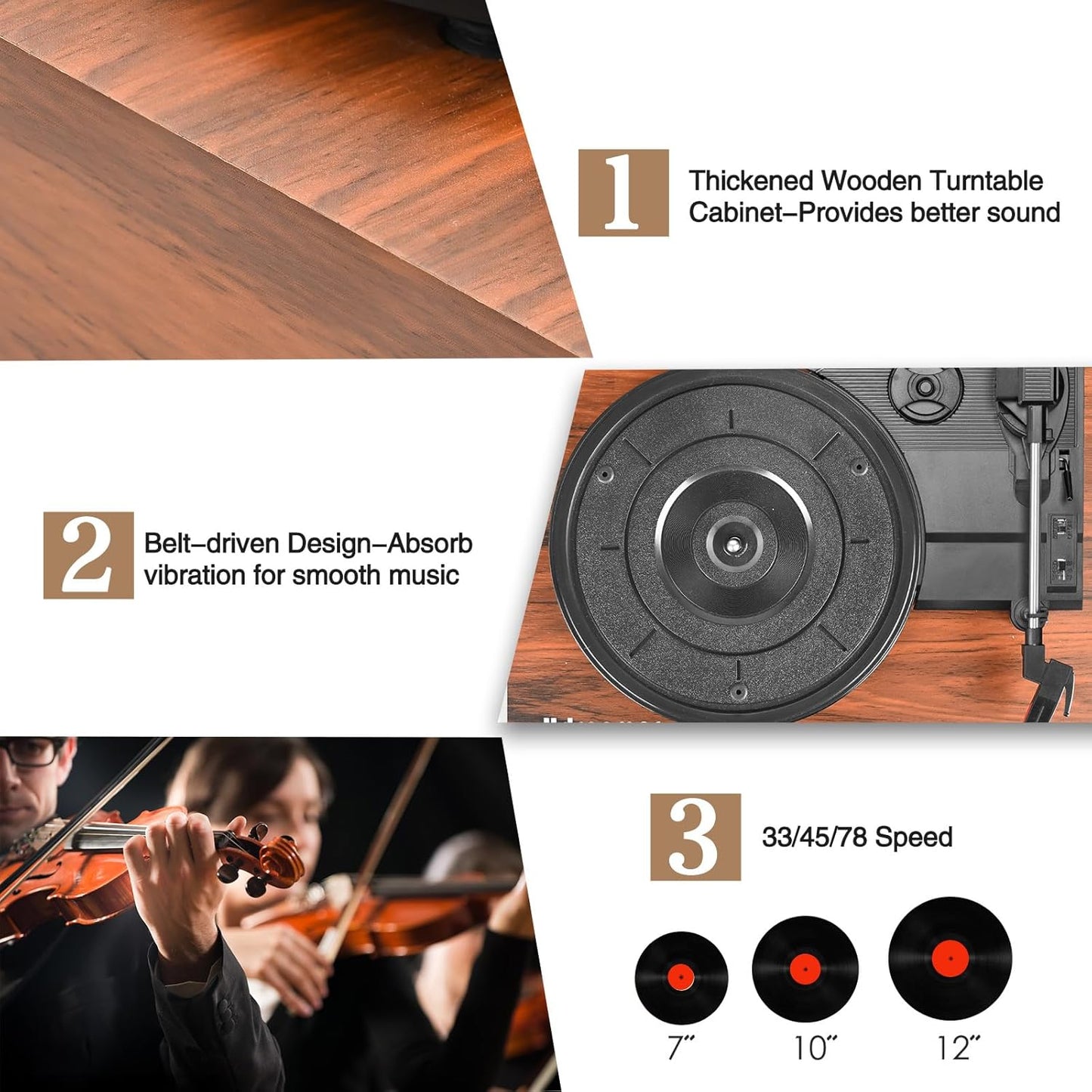 Tocadiscos de vinilo con altavoces integrados, 3 vel. Salida RCA.