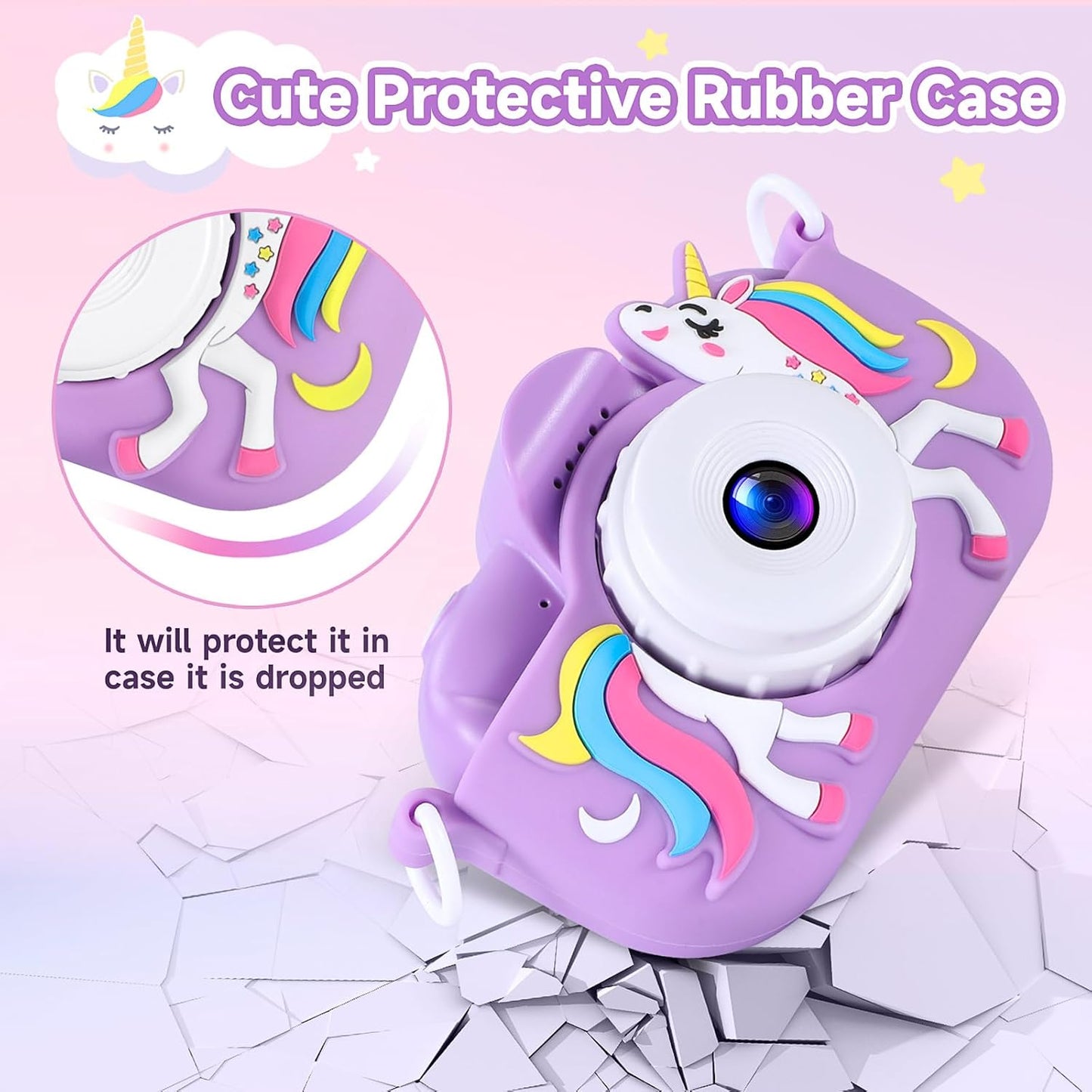 Cámara digital para niños de unicornio morado con correa