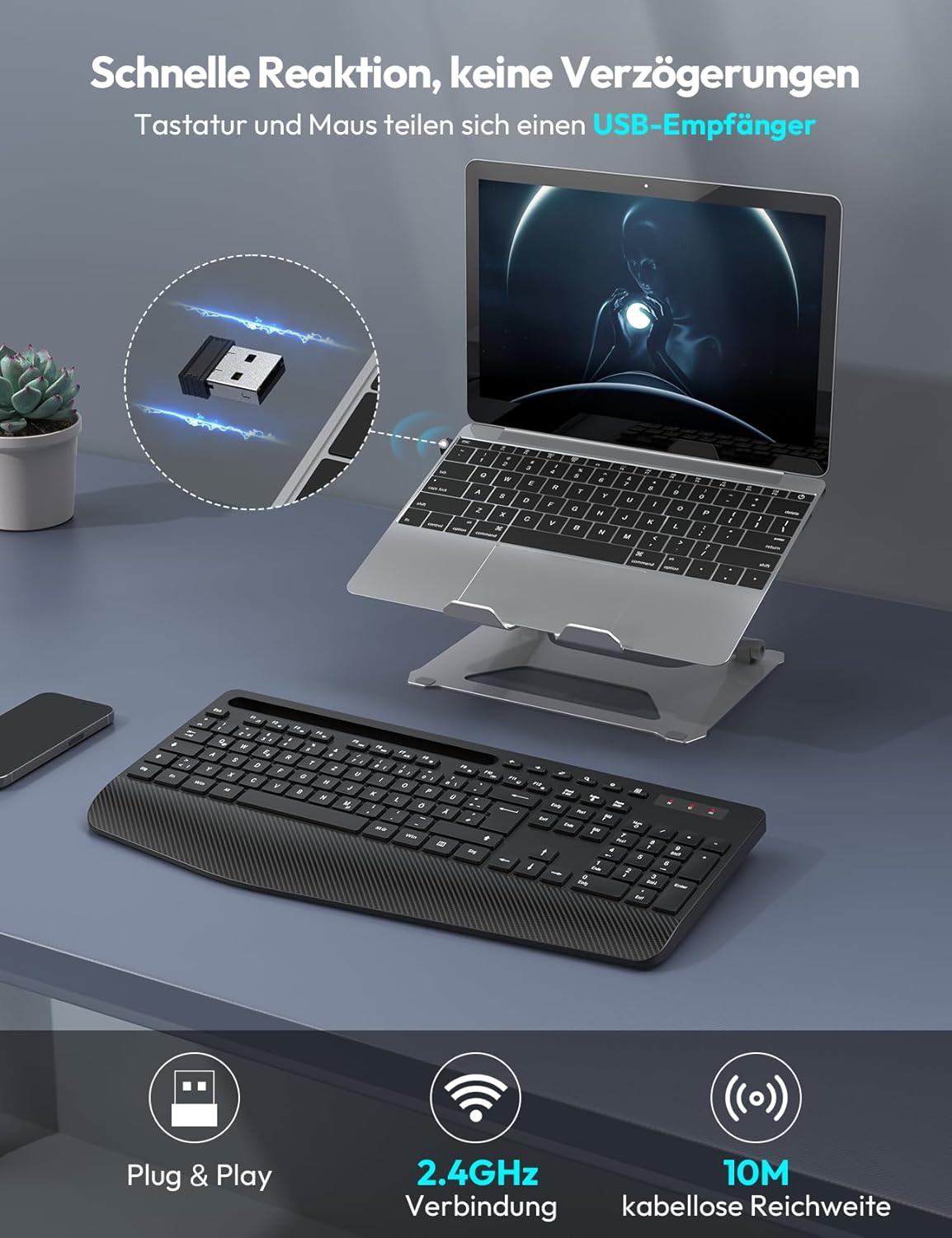 Teclado inalámbrico con reposamuñecas, ranura para teléfono o tablet.