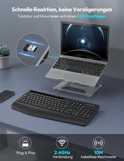 Teclado inalámbrico con reposamuñecas, ranura para teléfono o tablet.