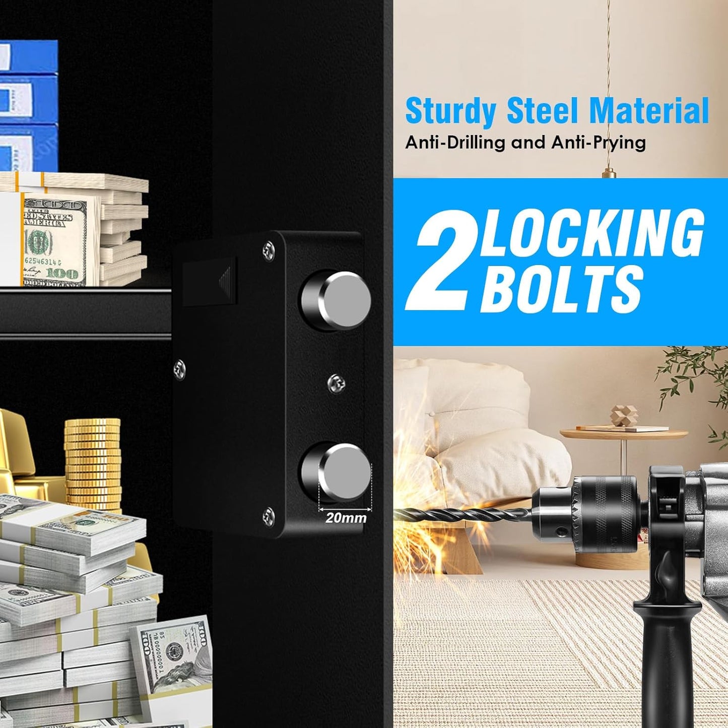 Caja de seguridad digital con teclado electrónico y llaves.