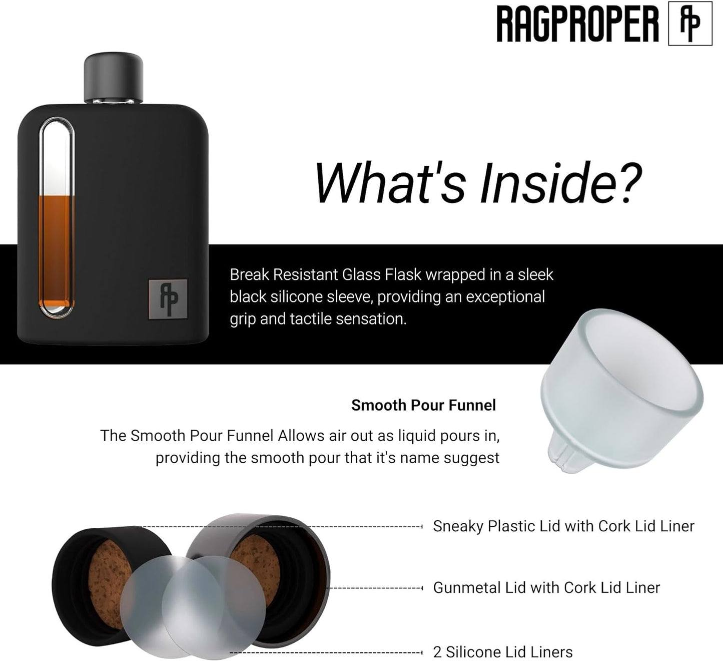 Frasco moderno de vidrio para hombres con forros de tapa de corcho y silicona. Ragproper