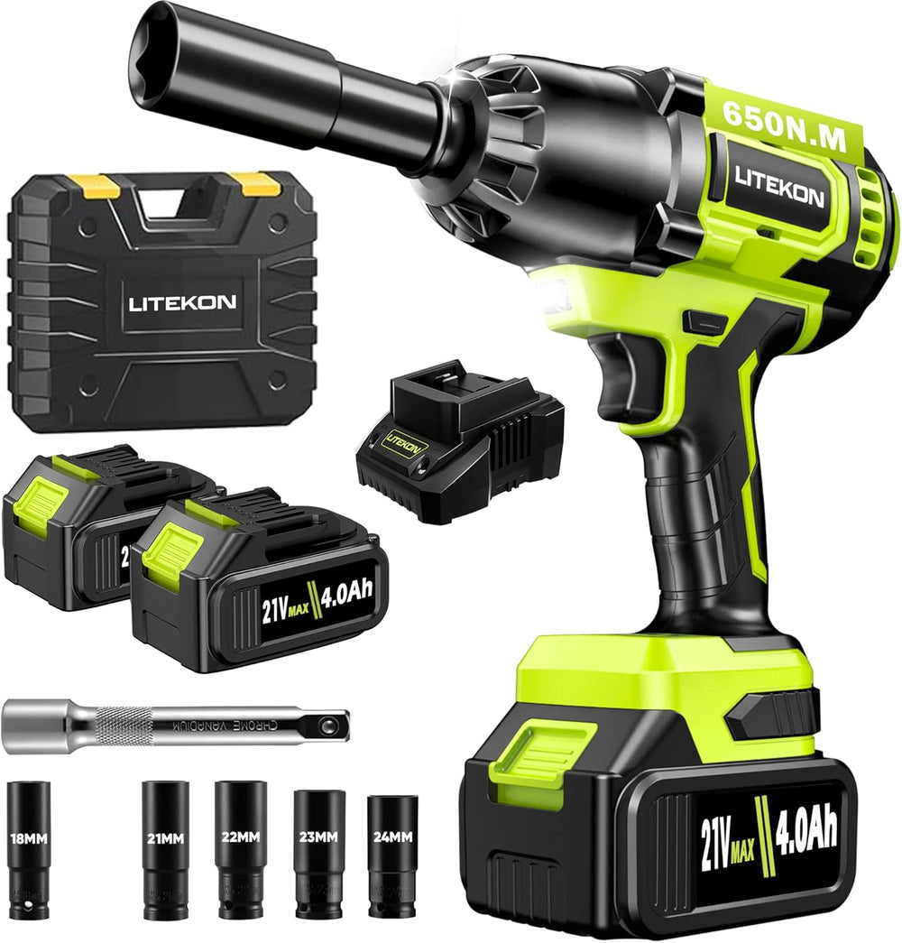 Llave de impacto inalámbrica de 1/2 pulgada, Litekon 4.0Ah 24V (USADA)