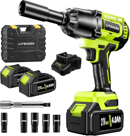 Llave de impacto inalámbrica de 1/2 pulgada, Litekon 4.0Ah 24V (USADA)