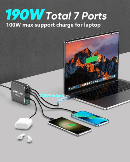 Estación de carga USB C, de 190 W, 7 puertos PD 3.0, Almucher.