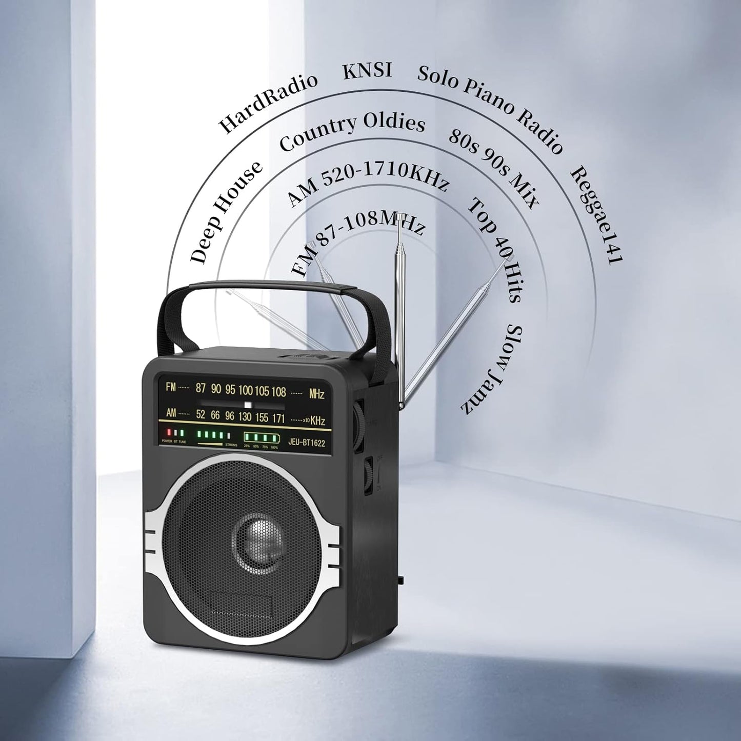 Radio FM portátil AM, radio Bluetooth 5.0, altavoz de 5V. JEUJUG.