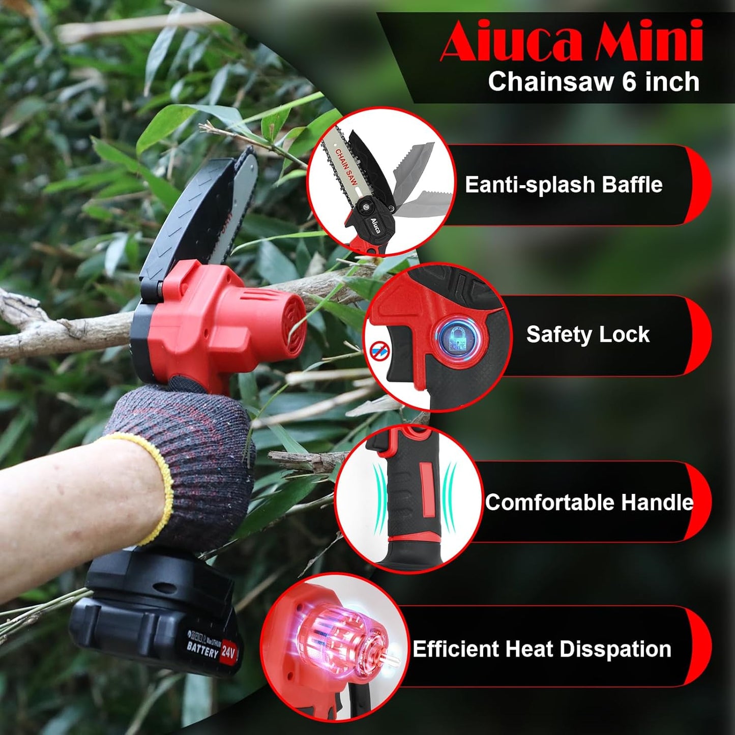 Mini motosierra inalámbrica de 6 pulgadas.