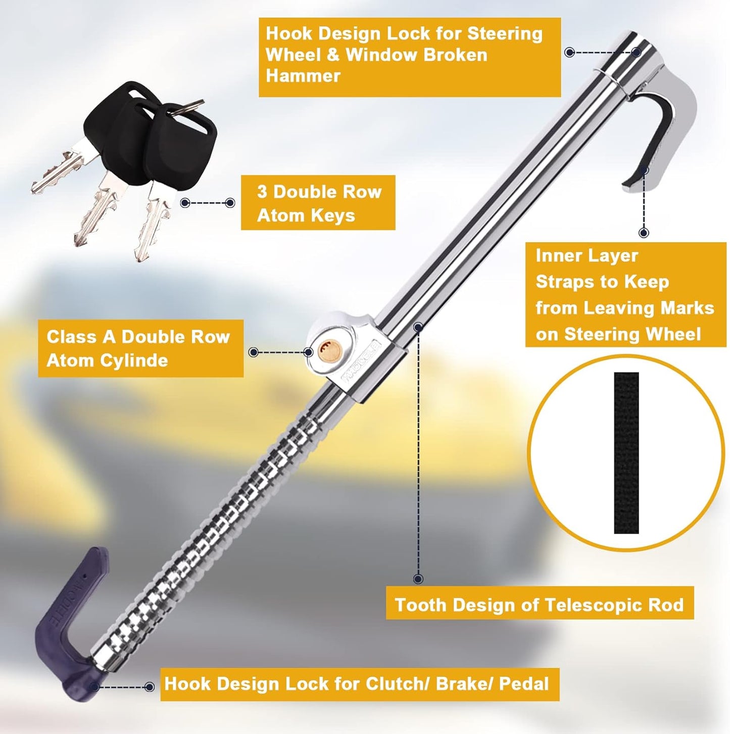 Cerradura universal de freno para volante, antirrobo, retráctil, doble gancho Tevlaphee