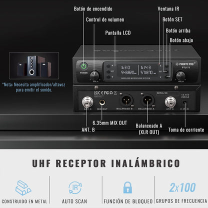 Sistema de Micrófono Inalámbrico Phenyx Pro UHF Dual PTU-71-2B