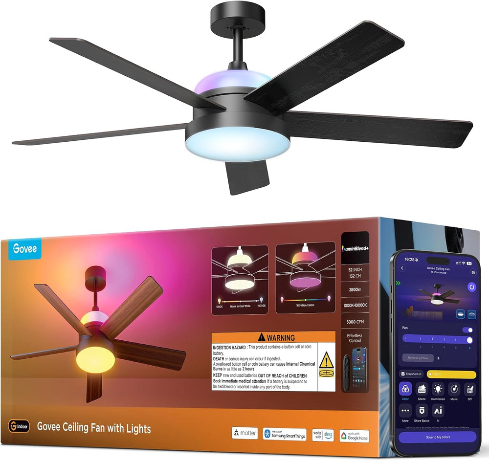 Ventilador de techo con luces Govee, inteligente RGBIC, 52" regulable.