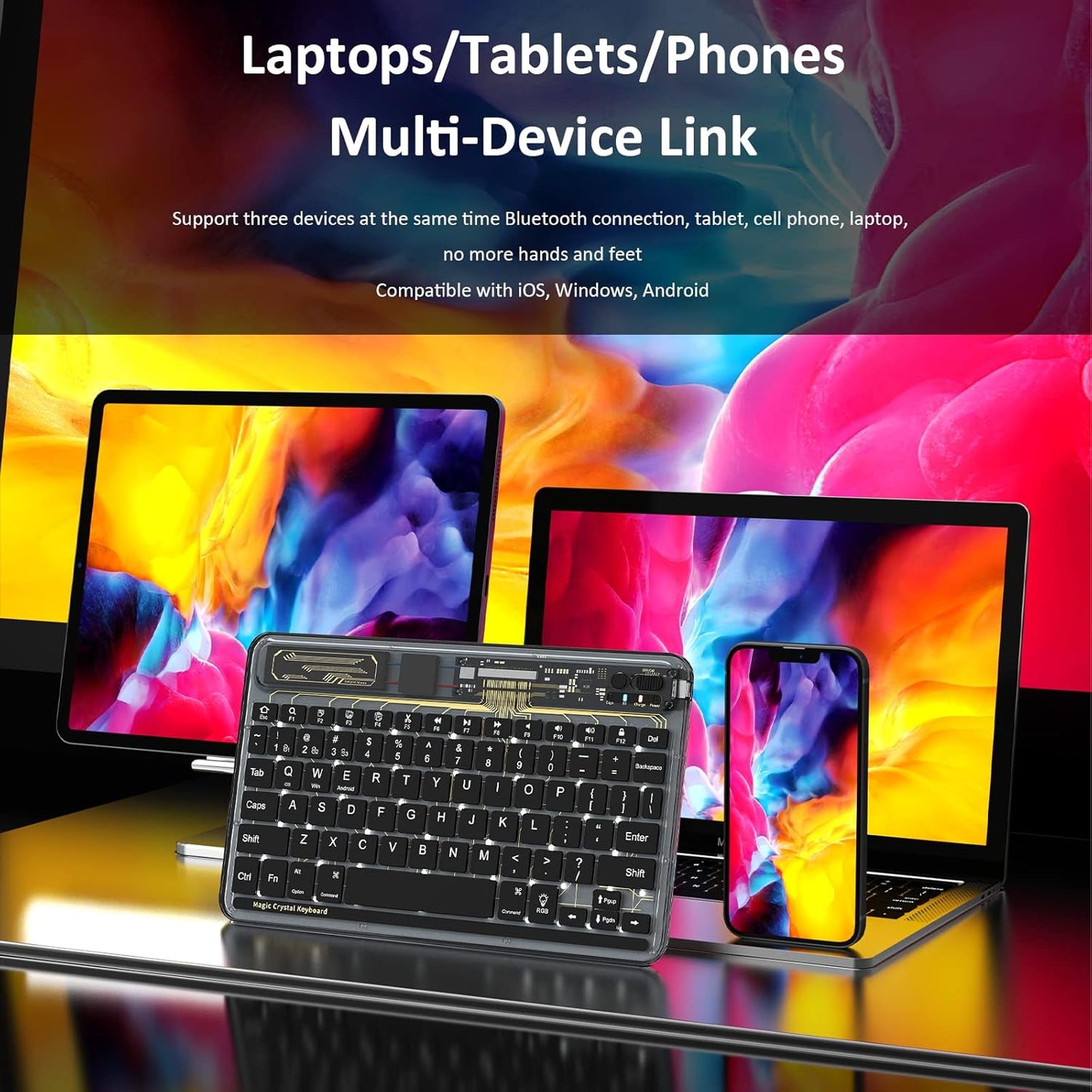 Mini teclado Bluetooth inalámbrico, 7 colores RGB,  iOS, Android.