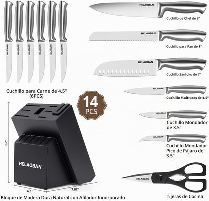 Juego de cuchillos de cocina Helaoban con bloque y afilador, 14 piezas