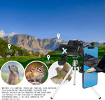 Telescopio monocular 12x50, con soporte para smartphone y trípode.
