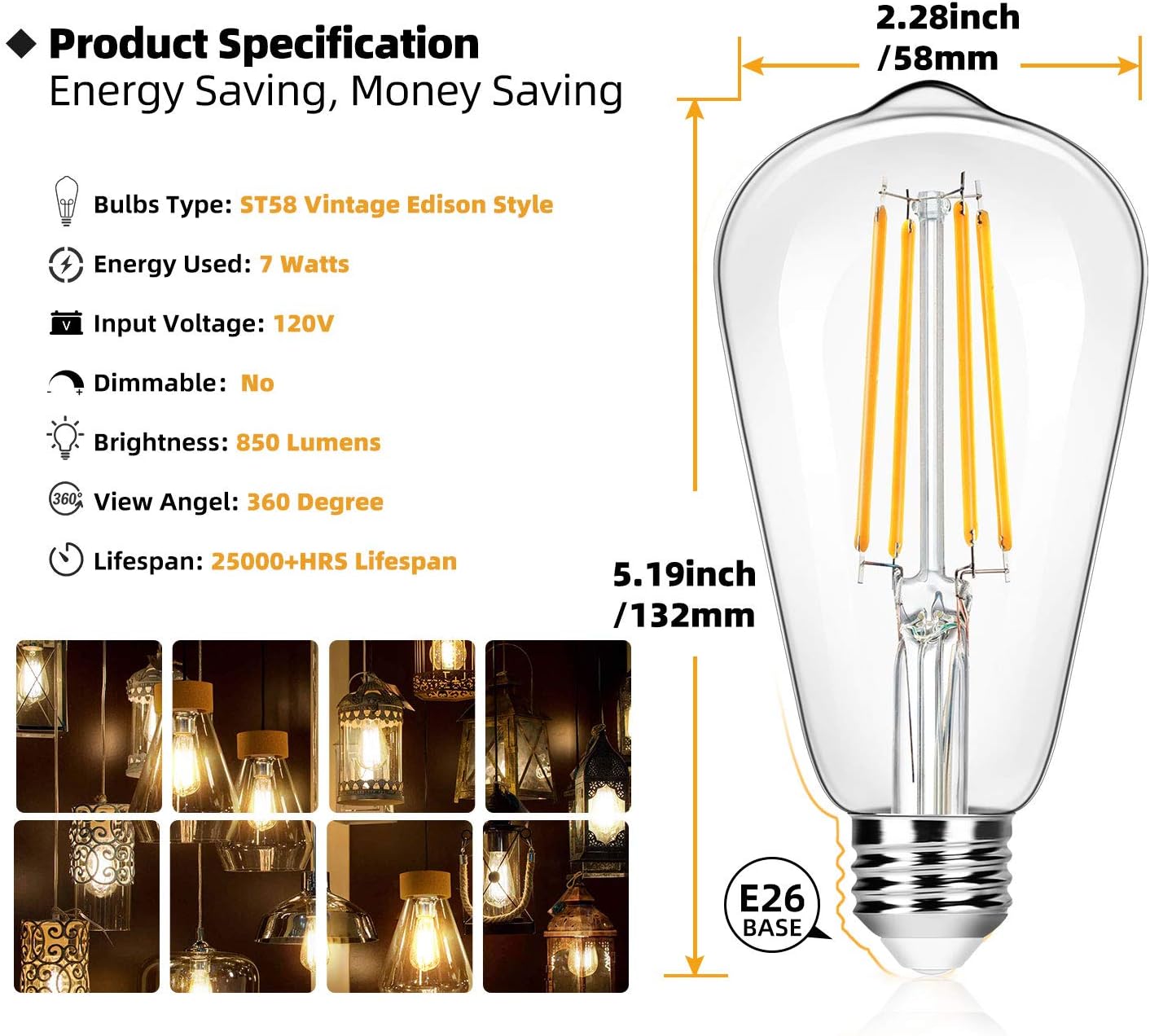 Paquete de 12 bombillas LED Edison ST58 vintage de 7W, 3000LMN.