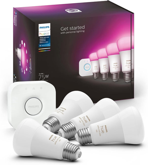 Philips Hue, Focos Inteligentes RGB, A19 10.5W, Hue Bridge Comp. con Alexa