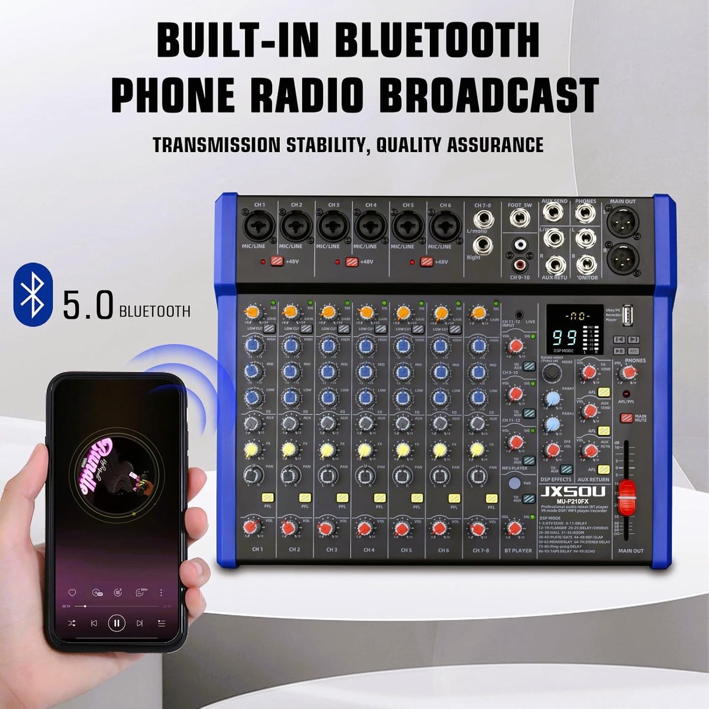 Mezclador de audio, mezclador de DJ de 12 canales JXSOU  MU-P210FX