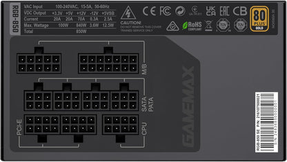 Fuente de alimentación, GAMEMAX 850W, 80 Plus Gold, (USADO).