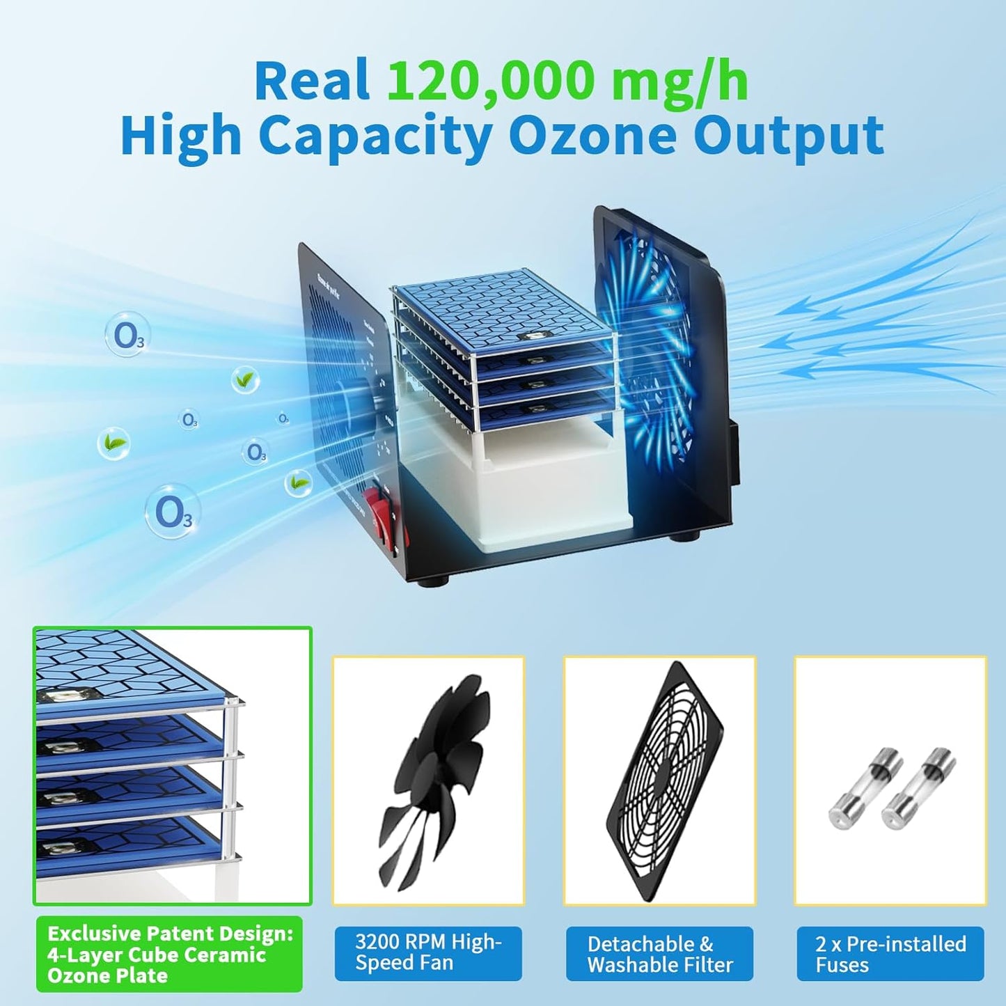 Generador de Ozono, 120,000 mg/h, vel. 3200 RPM, cerámica 4 c.