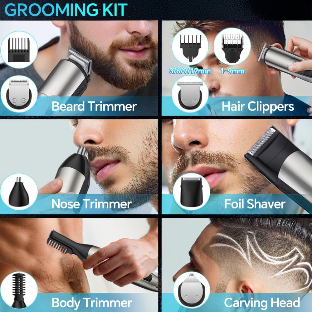 Juego de recortadora de barba eléctrica 6 en 1 para hombres.