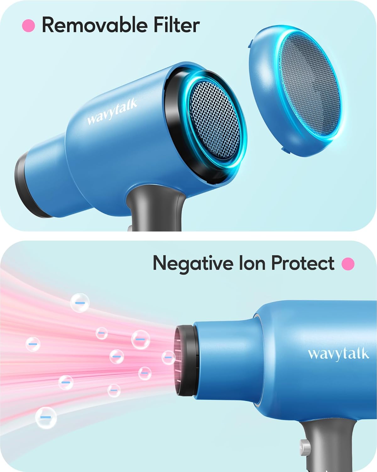 Wavytalk Secador de pelo con difusor, 3 accesorios, ionico.