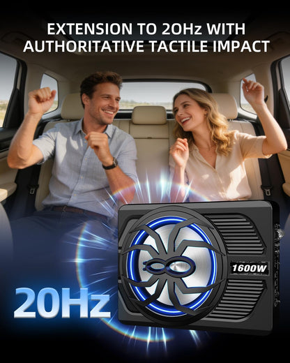 Subwoofer y amplificador, 1600 W para debajo del asiento, con luz LED.