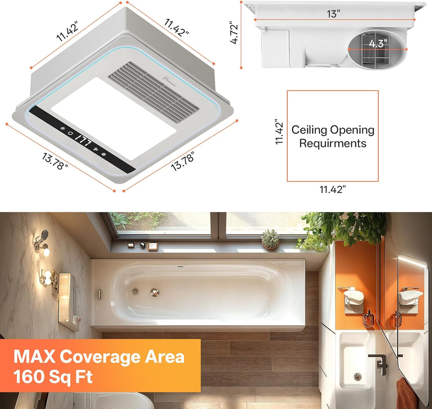 Ventilador de escape de baño 4 en 1 con luz, 1760 W, 190 CFM,