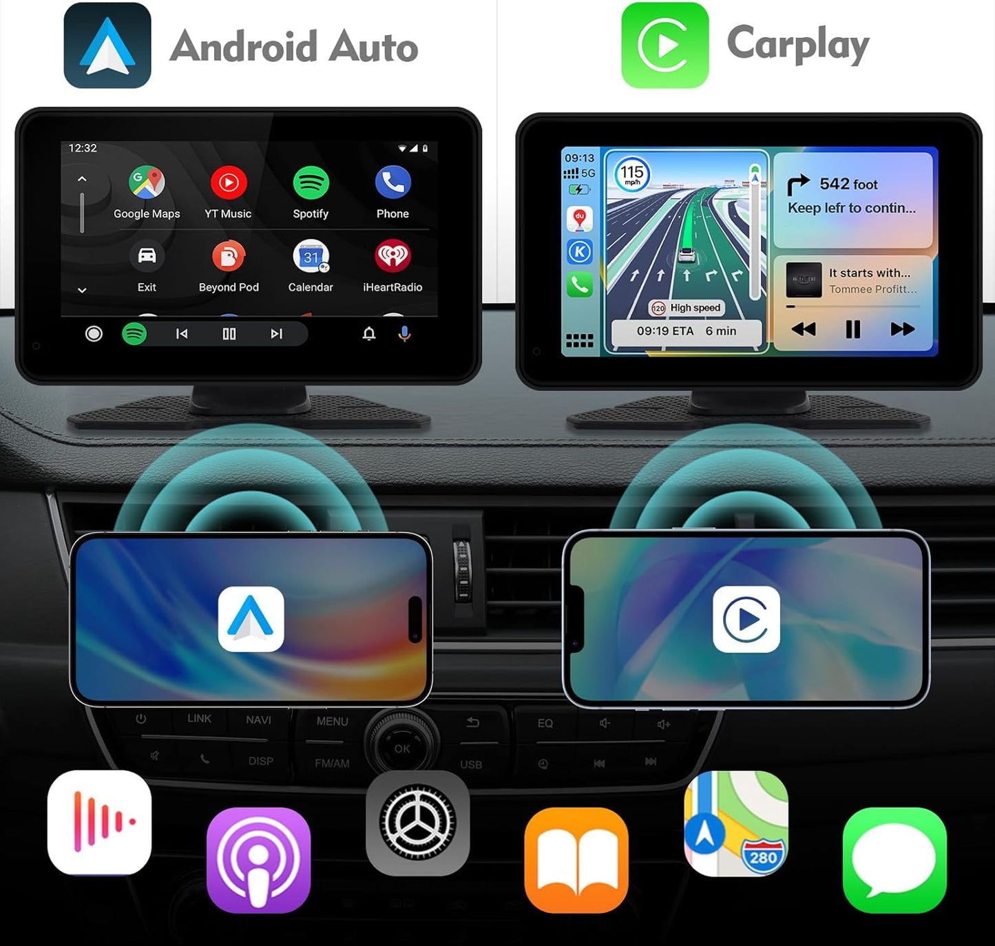 Estéreo portátil inalámbrico Carplay y Android Auto, 7", cam. Trasera.