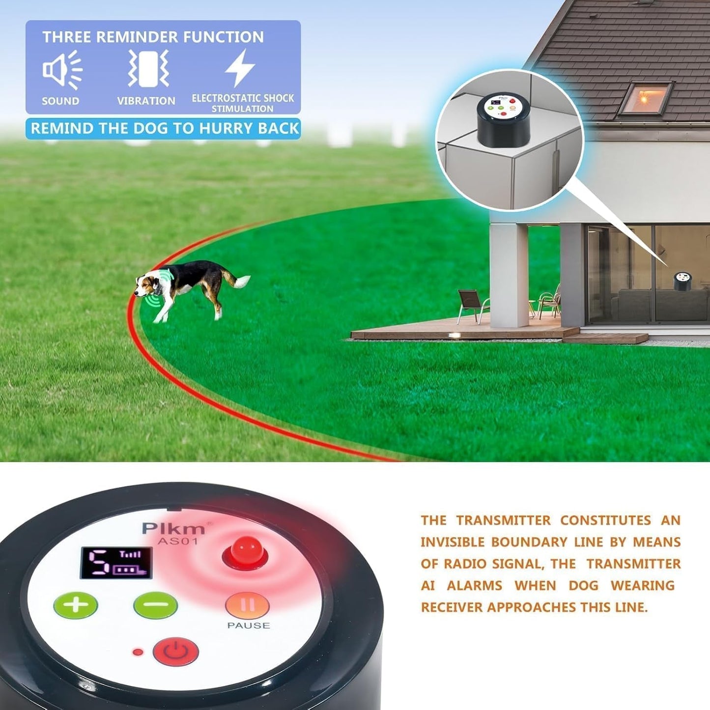 Cerca inalámbrica para perros, transmisor AI alarma inteligente.