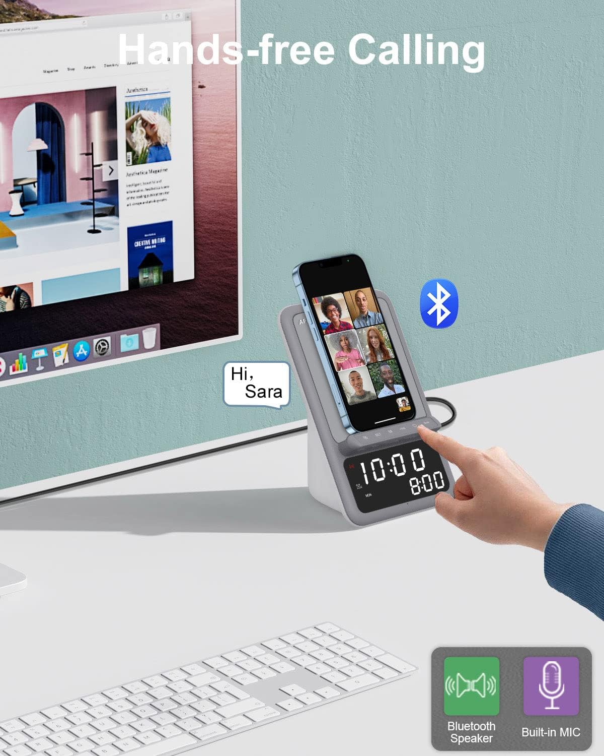 Estación, carga inalámbrica, altavoz Bluetooth, reloj despertador.