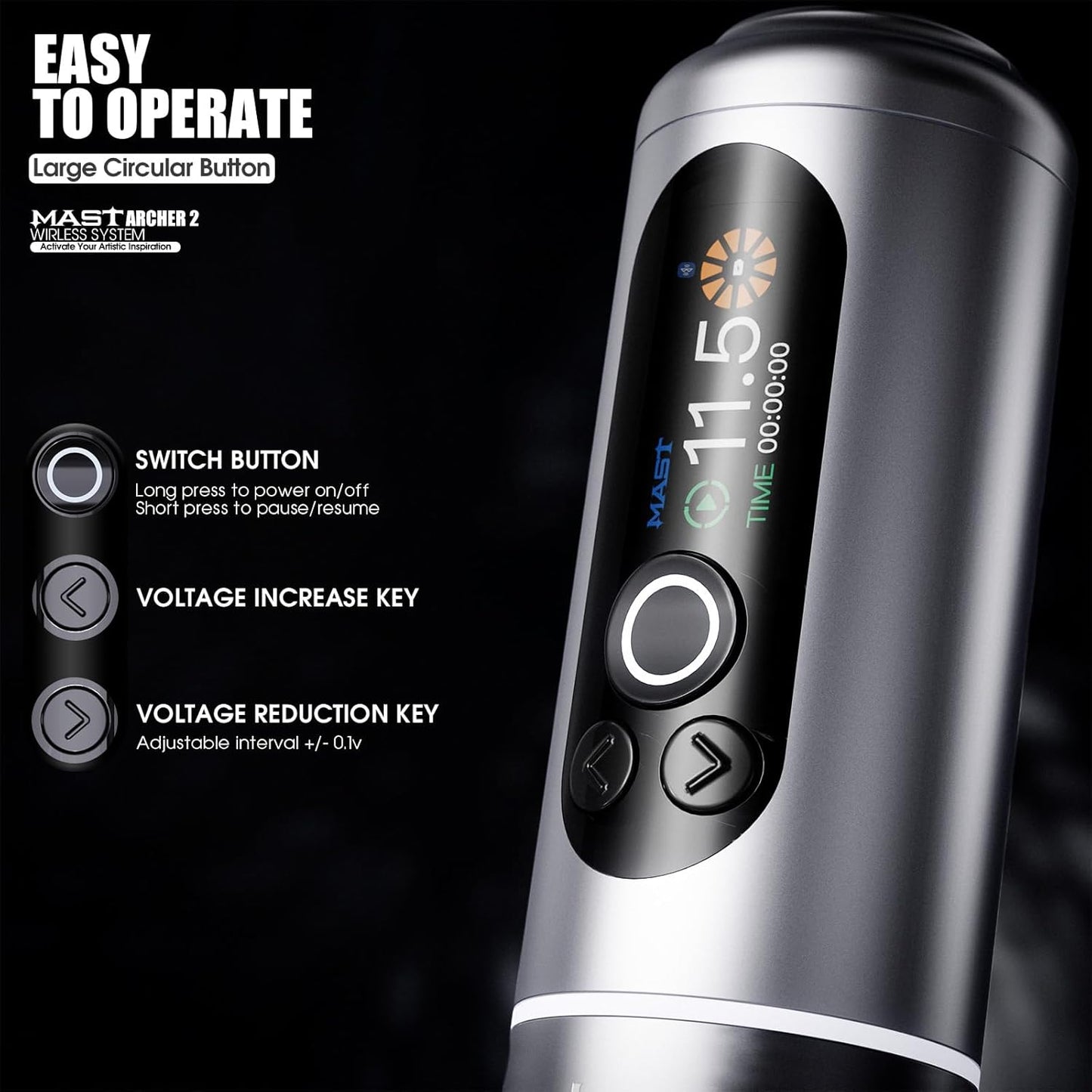 Pluma de tatuaje inalámbrica, Mast Archer2, Negro (USADO).