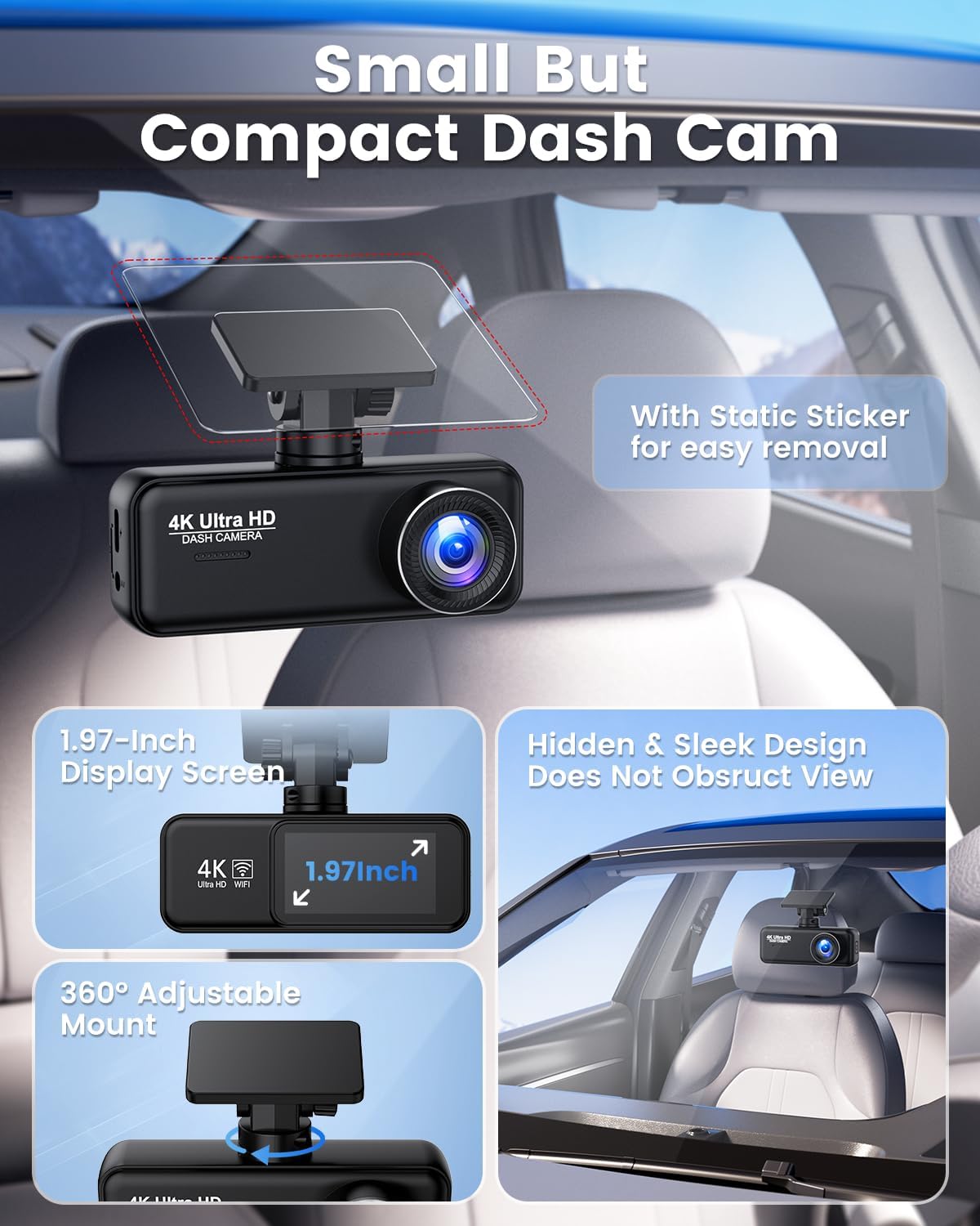 Dash Cam delantera y trasera 4K, cámara WiFi para coche.