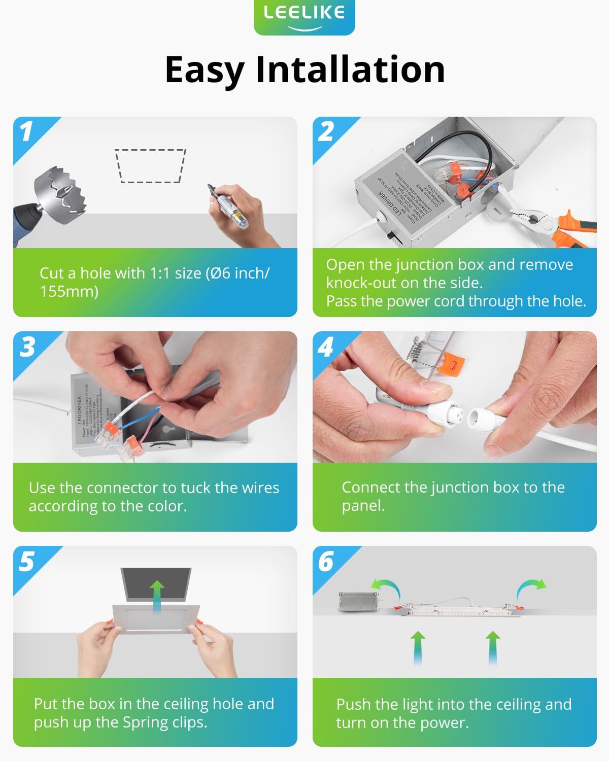 Leelike Paquete de 12 luces LED cuadradas 6" 12W