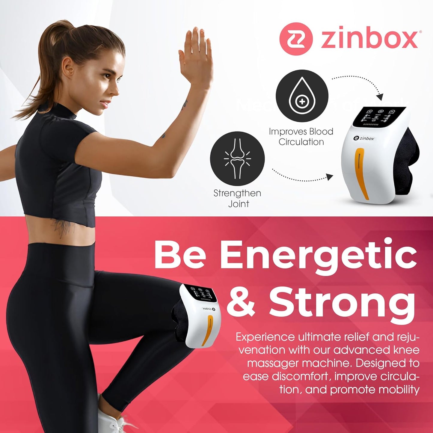 Masajeador de rodilla portátil 4 en 1, vibración y calor calmante.