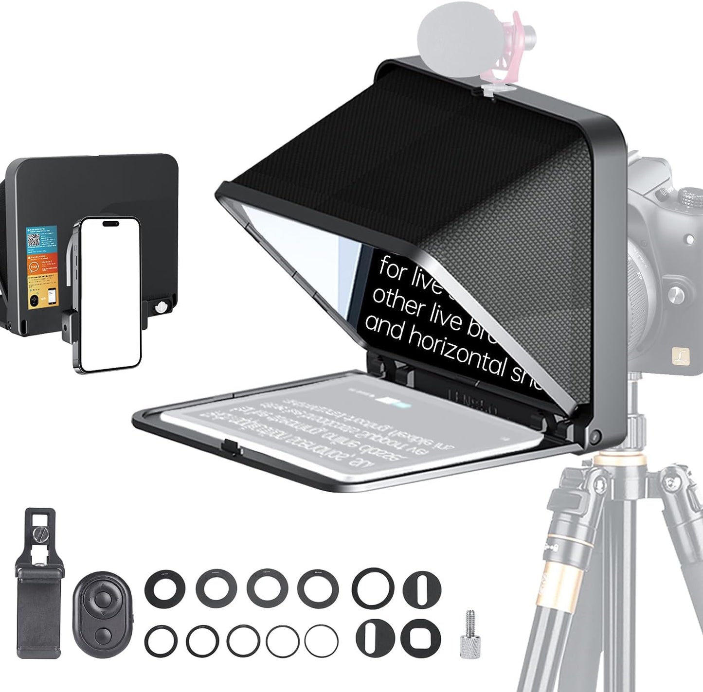 Teleprompter portátil para iPad, tablet, smartphone, cámara réflex.