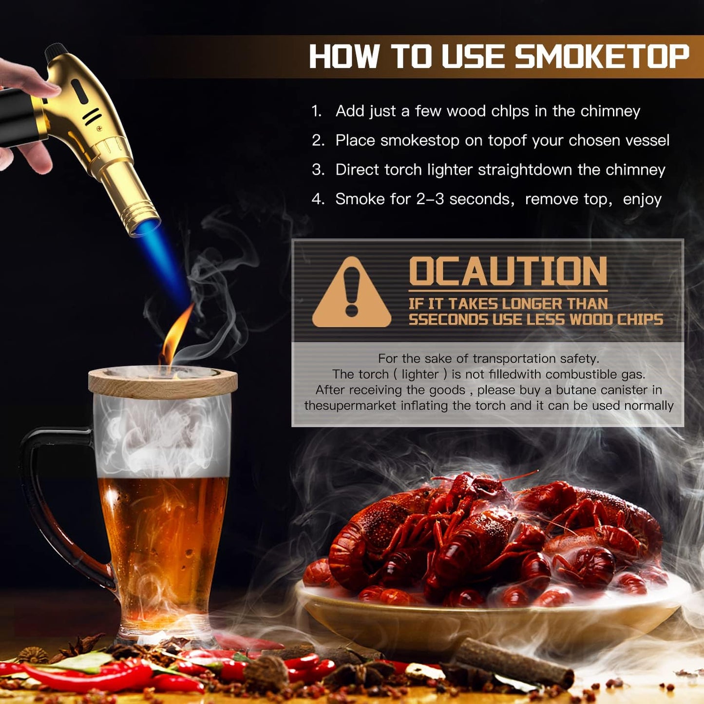 Kit de ahumador de cóctel con antorcha, Sin Butano, chips de madera de 4 sabores.