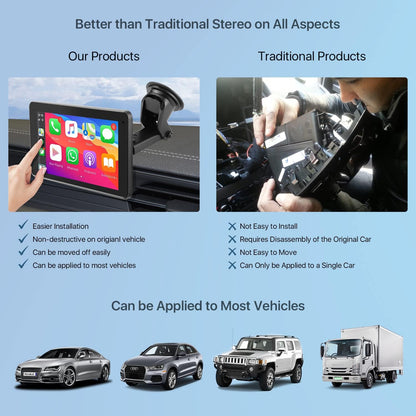 Estéreo portátil inalámbrico Carplay y Android Auto, 7", cam. Trasera.