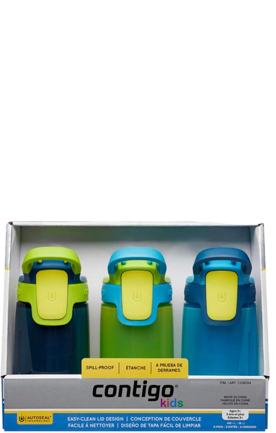 Frascos de agua Contigo para niños, color azul marino/verde/azul, 415 ml, paquete de 3.