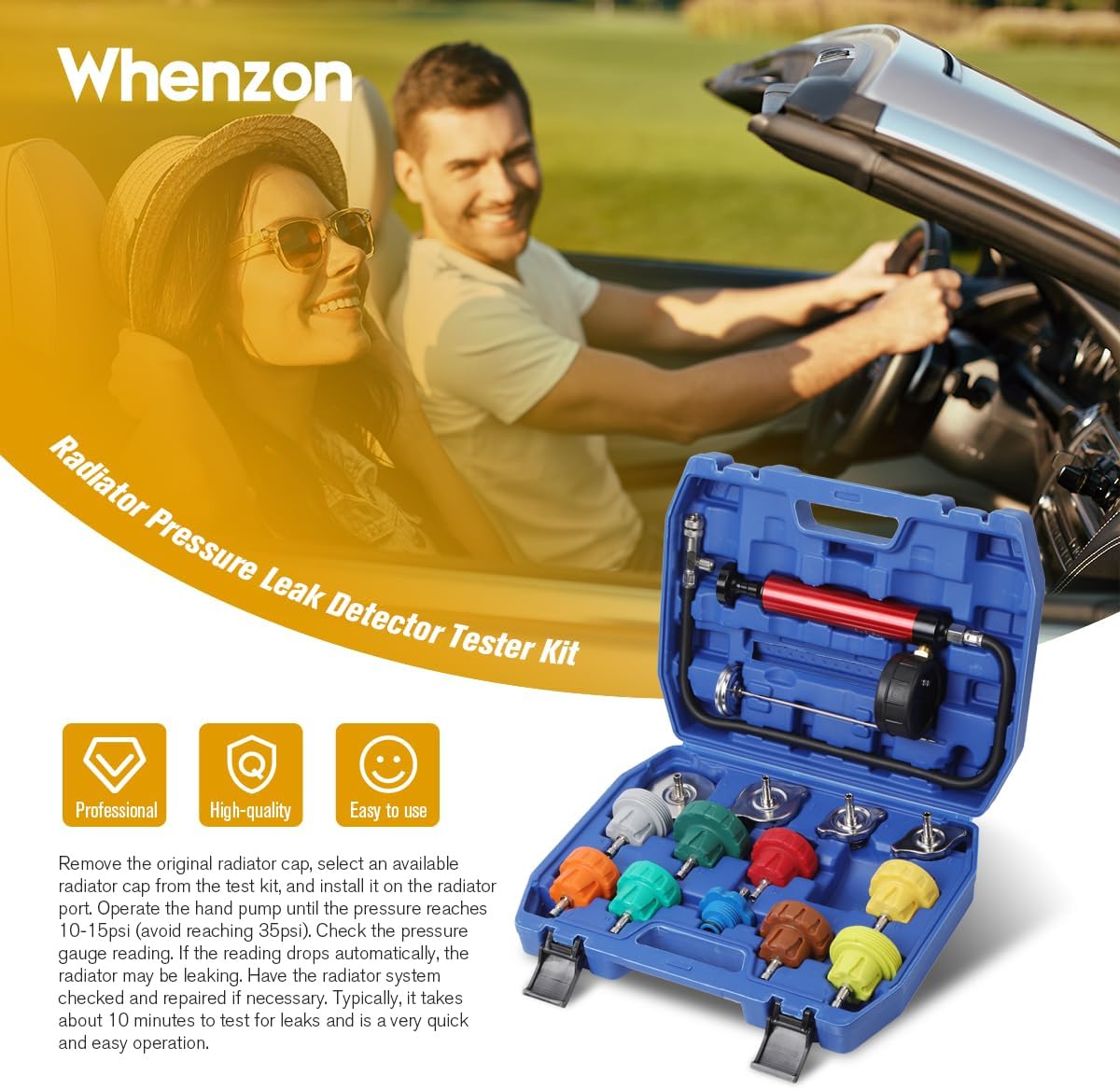 Kit probador de presión, radiador, carga refrigerante, det. fugas.