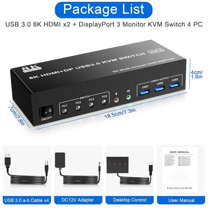 Conmutador, 2 HDMI USB3.0 KVM, Triple Monitor, Switch/micrófono.