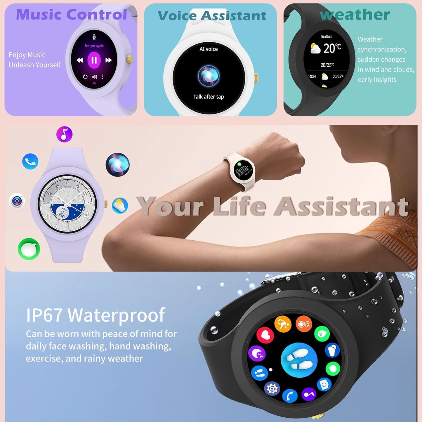 Smartwatch para mujer, LILA, Android iOS, podómetro, cal. counter