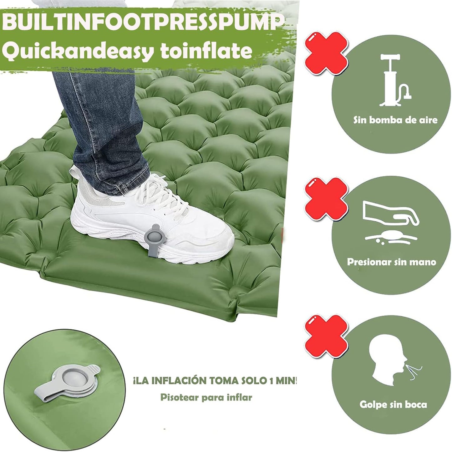 Colchoneta para acampar con bomba de pie, con Almohadas.