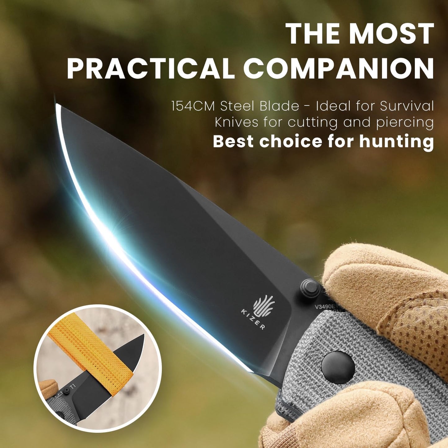 Kizer Cuchillo de bolsillo T1, 3.19 pulgadas, hoja de acero, mango micarta.