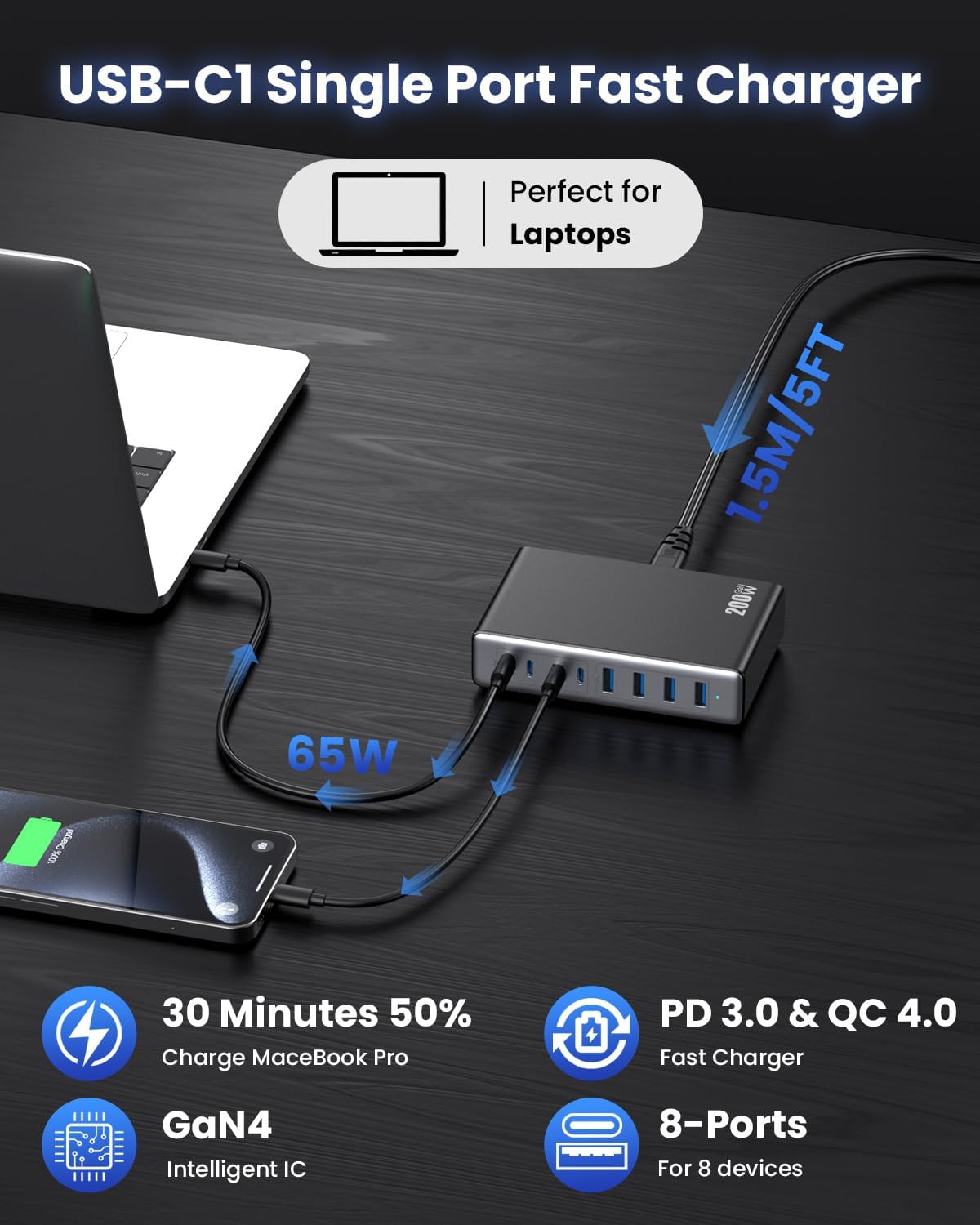 Adaptador USB C 200W 8 puertos carga rápida
