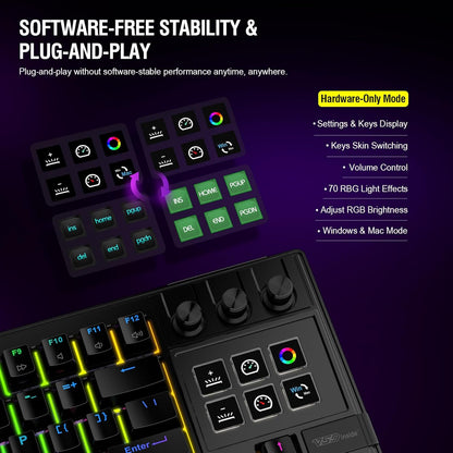 Teclado Cableado K1 Pro, para juegos y streaming con pantalla y perillas.