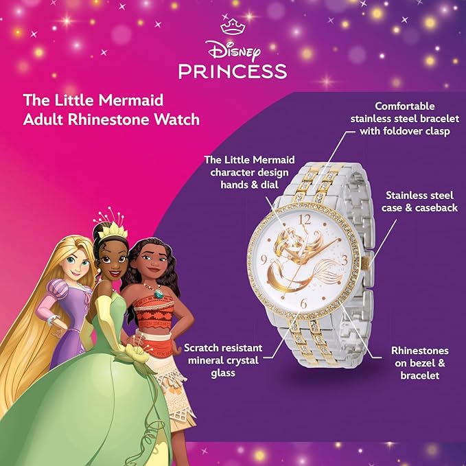 Reloj con pedreria, La Sirenita, para adulto, dorado y plata.