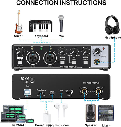 Interfaz de audio USB EBXYA 2x2, para grabación transmisión y podcasting.