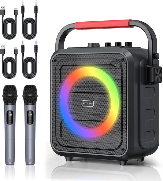 Máquina de karaoke Bluetooth, Moyleaf, con dos micrófonos inalámbricos.