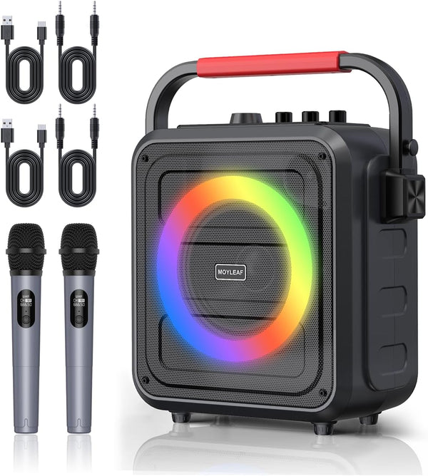 Máquina de karaoke Bluetooth, Moyleaf, con dos micrófonos inalámbricos.