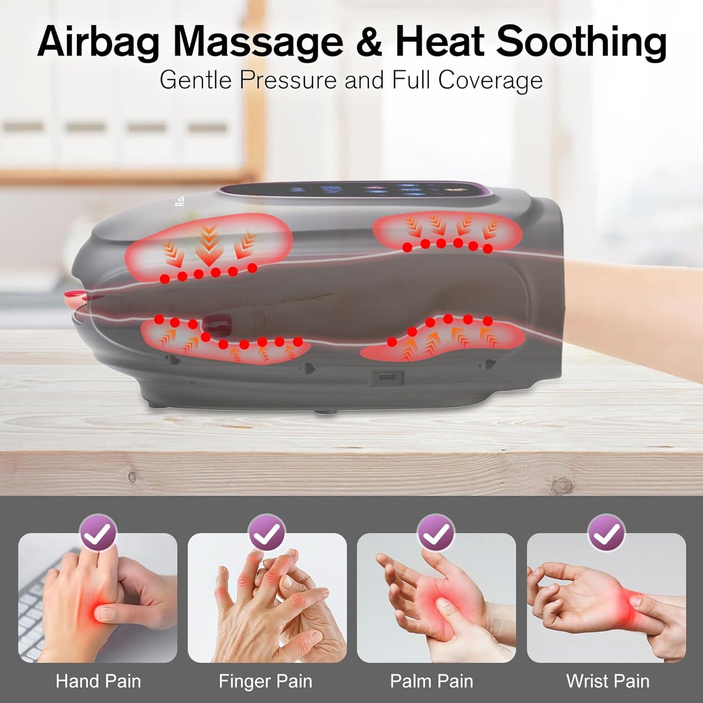 Masajeador de manos con calor y compresión, inalámbrico.