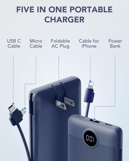 Cargador portátil con cables y enchufe de pared, 10000 mAh (USADO).